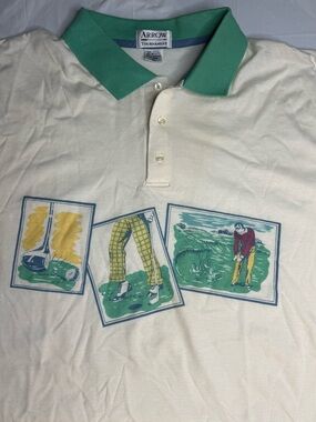 Arrow Tournament Polo Shirt Mens 2XL Golf Graphic Cream Green Collar VTG